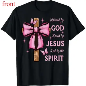 Blessed by God Loved by Jesus Pink Coquette Bow And Cross T-Shirt