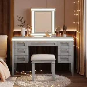 [Bellemave]48" Vanity Desk with Mirror and Lights, Makeup Vanity with 7 Drawers and Cushioned Stool, Classic Grey Finish Dressing Table with Hollow Design Drawer for Bedroom, Rubber Wood Legs, Greyblue