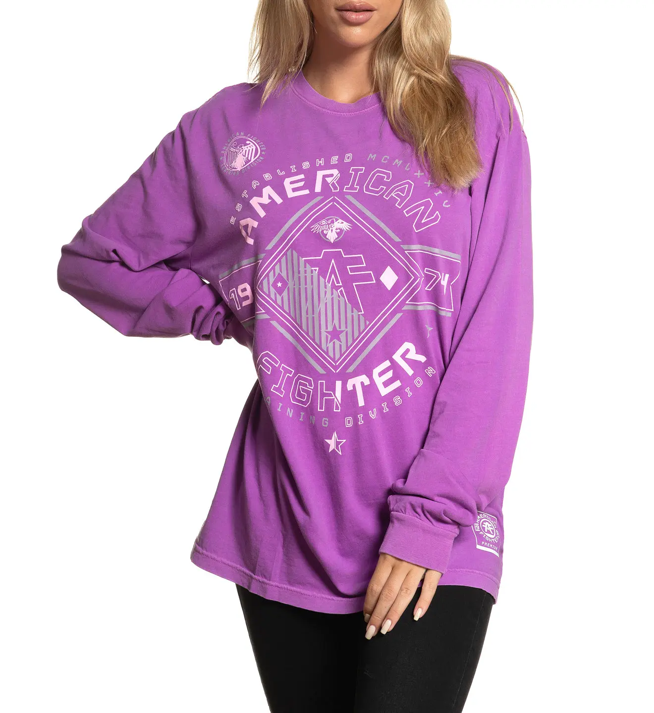 AMERICAN FIGHTER Women's Cotton Casual Printed Round Neck Long-Sleeve Streetwear Biker Top (Massachusetts-Inspired)
