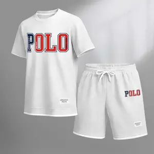 Men's Polo Print Drawstring Shorts Set For Spring/Summer. A Casual Summer Outfit, Including A Short-Sleeved Shirt And Shorts, Suitable For Everyday Wear And Sports. A Two-Piece Set For A Relaxed And Energetic Lifestyle.