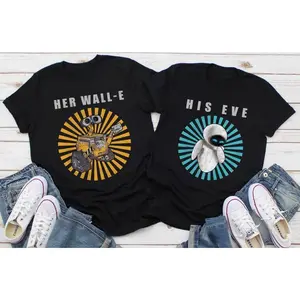 Wall-E and Eve Valentines  Couple Retro T-Shirt, 100% cotton  Her Wall-E and His Eve Tee, Valentine's Day Matching Family Shirt for Gift - 1 piece
