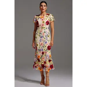 BellaBarnett Naya Short Sleeve Round Neck Flowers Fishtail Maxi Dress