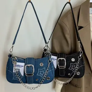 Denim Shoulder Bag with Star Embroidery and Chain Strap for Casual Wear