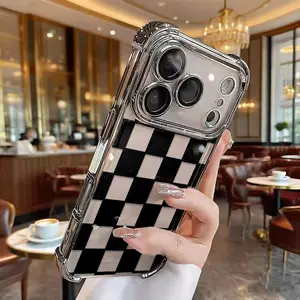 Electroplated Frame Black-And-White Checkerboard Print Phone Case For iPhone 16 15 14 13 12 11 Xs Pro Max Plus Anti Drop Shockproof Transparent,Protective Screen Protector Protection Cover tough phonecase accessory protection