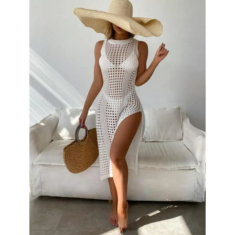 Women's Sporty Chic Fitted Cut Hollow Out Sleeveless Maxi Swimwear Cover Up - Figure-Flattering Split Thigh Mesh Protective Gear for Swimming, Vacation Sports, Coverup, Beach, Outdoor, Synthetics, Swimsuit Cover Up, Sheer Cover Up