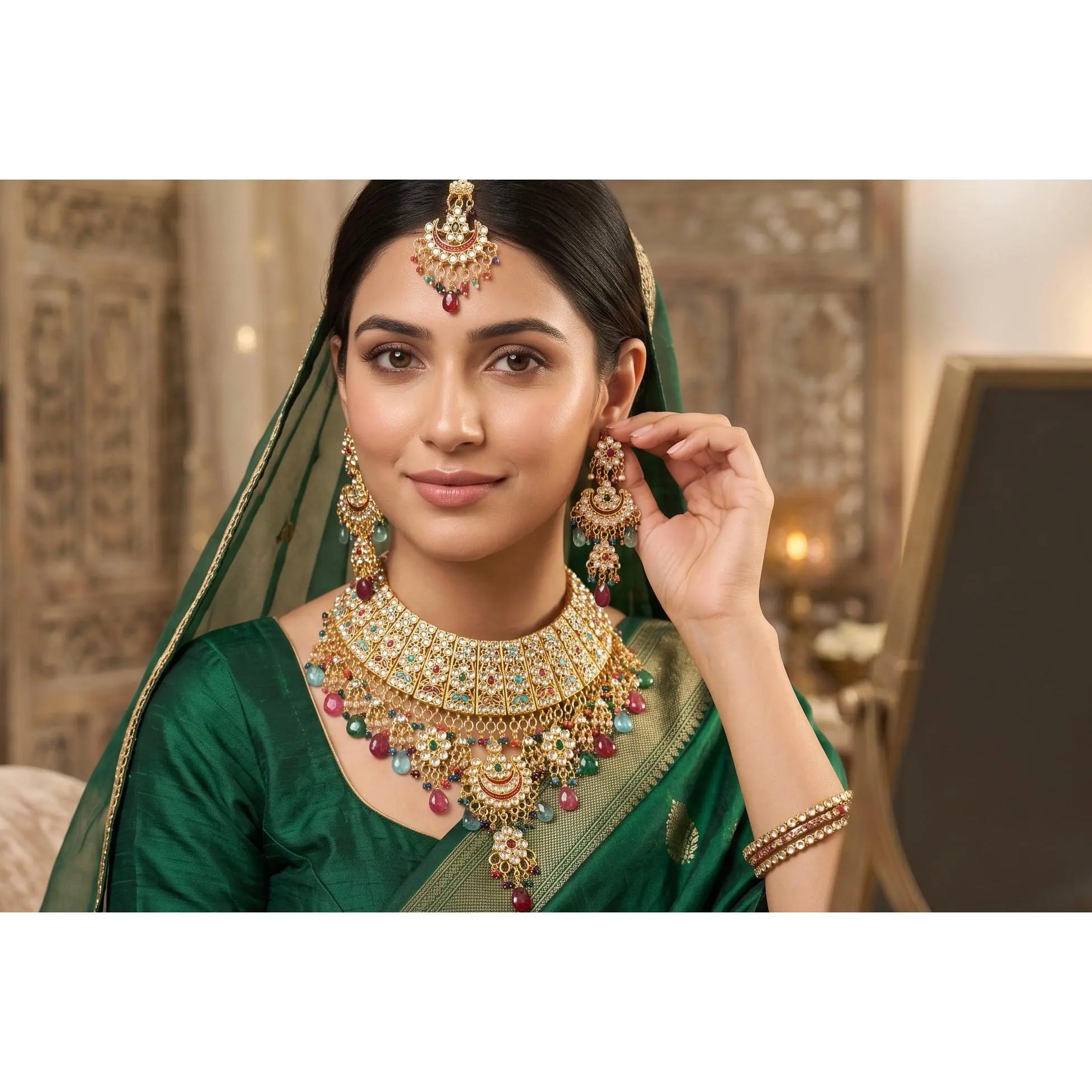 Multicolor Kundan Bridal Jewelry Set – Gold Tone Indian Pakistani Afghan Wedding Necklace Set with Earrings & Maang Tikka | Jewelry Gift Box Included 7015