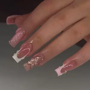 Flower Decor Fake Nails with Nail File & Tape, 24pcs/set French Style Long Square Press on Nails for Women & Girls DIY Nail Art, Acrylic Nails Kit