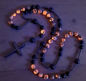 Natural Obsidian Yooperlite Rosary Necklace UV Reactive Protection Necklace Hematite Stone Cross Pendant Necklace Gift for her, gift for him