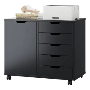 Rolling File Cabinet with 5 Drawers – Mobile Office Storage Cabinet with Lockable Wheels, Printer Stand with Wood Tabletop, Under Desk Organizer with Door & Adjustable Shelves