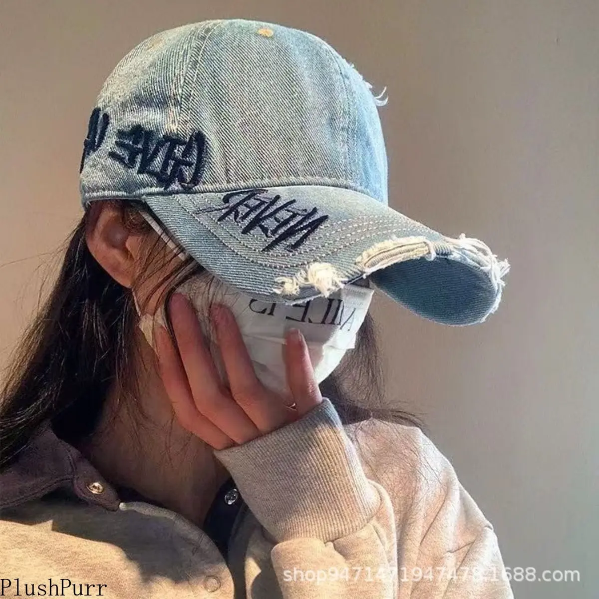 Women's Washed Distressed Peaked Cap with Side Embroidery, Wide Brim for Sun Protection & Small Face Effect, Outdoor Accessory, Female, One Size Fits All tiktokshopbacktoschool