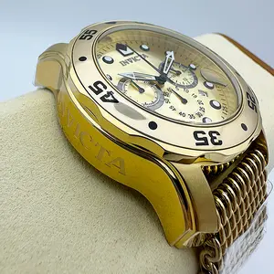 Invicta Men's 48mm ProDiver Scuba Chronograph Stylish Metal-Tone Masculine Button-Operated Quartz Diver Wristwatch - Golden Dial, Stainless Steel Case, Stainless Steel Mesh Bracelet, Diving Enthusiast Design, Stylish Watches, Metal-Tone Quartz Watches