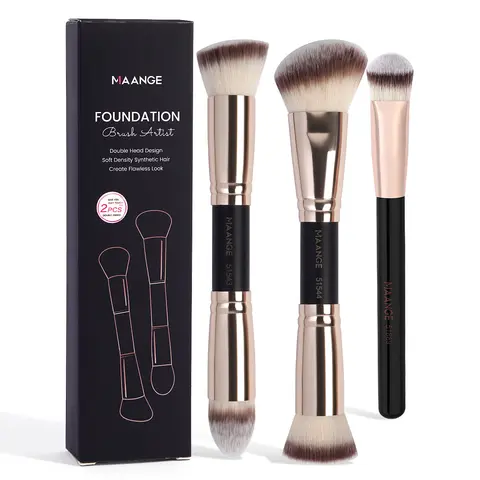 MAANGE 3pcs Face Makeup Brush Set, With Paper Box,Double-head Foundation Brush,Loose Powder Brush,Blush Brush,Finger Contour Brush,Concealer Brush,Highlighter Brush Makeup Tools,Gift for Women & Girl Travel Makeup Brush Set