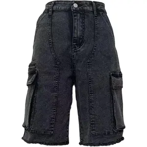 Women's High Waist Light Wash Denim Bermuda Shorts Raw Hem Cargo Jean Shorts with Flap Pockets Zipper Closure