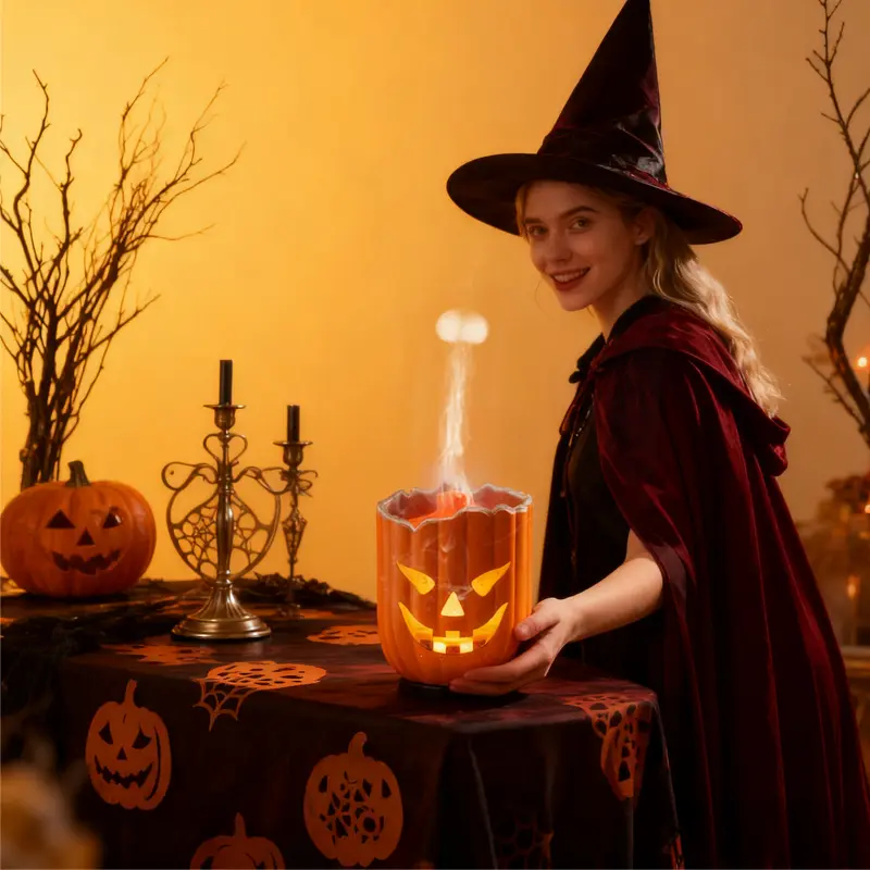 V86-Pumpkin Head Aromatherapy Diffuser Humidifier, 0.35L, Jack-O-Lantern Design, Visible Water Volume, Home Dry Air Relief, Halloween Gift for Cozy Atmosphere, Aromatherapy for Home