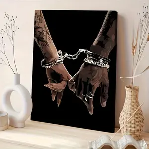 2D Artistic Pine Wood Framed Wall Artwork - Unique Romantic African American Couple Print, Ready-to-Hang Home Decor, Living Room Accent, Gift for Him/Her, Illustrations