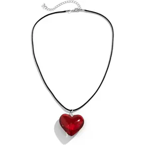 Red Heart Necklace, Chunky Puffy Heart Choker Necklaces for Women, Big Glass Heart Pendant Necklace Y2K Trendy  Accessories (Red Heart)