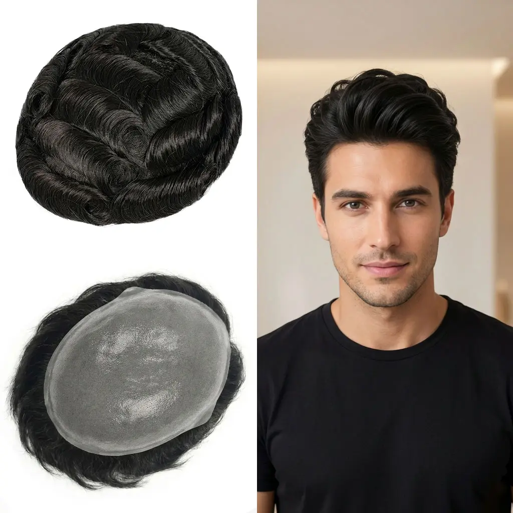 QIANSEE Hair Replacement System 0.06mm Ultra-Thin Bio Skin Hair System for Men Hybrid V-Loop Undetectable Hairline 100% Real Human Hair Toupee for Men