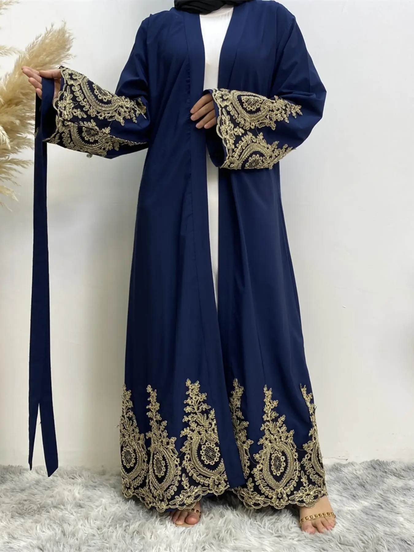 1495# 💫Golden Lace Abaya Dress ! Hand-Embroidered Sleeves & Hem | Adjustable Waist Belt + Premium Nida Fabric | Only one abaya does not include Hijab