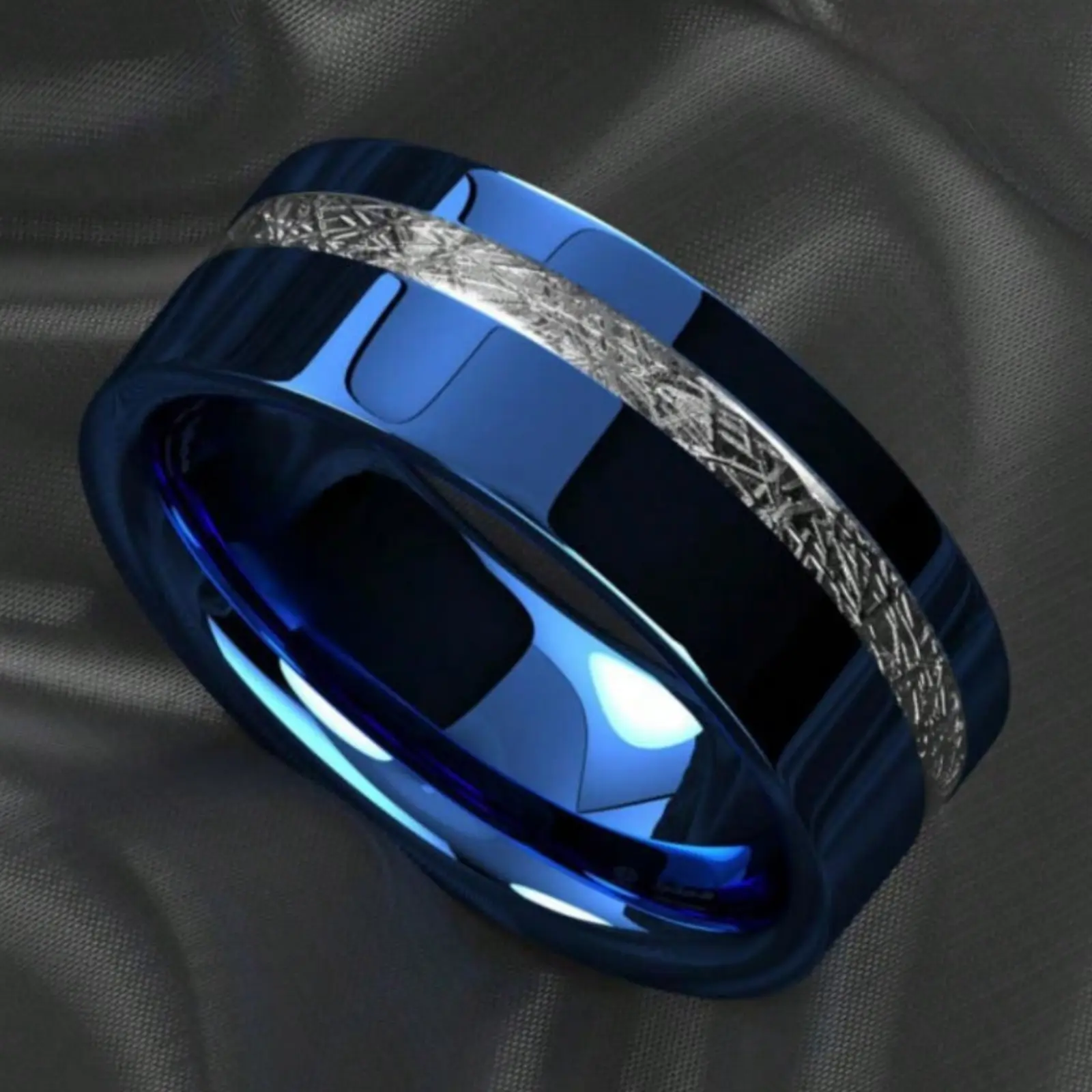 8mm Blue & Black Meteorite Inlay Ring – Stainless Steel Couple Band for Wedding & Engagement