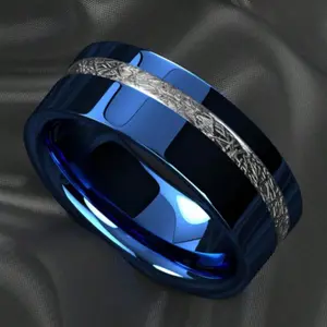 8mm Blue & Black Meteorite Inlay Ring – Stainless Steel Couple Band for Wedding & Engagement