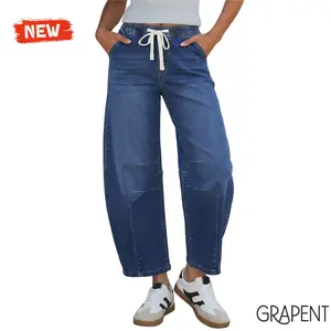【GRAPENT Barrel Jeans Collection】Comfy Pull-On Barrel Jeans for Women High Waisted Elastic Waist Cropped Wide Leg Denim Pants Soft Stretch Comfy Easy Chill Daily Wear