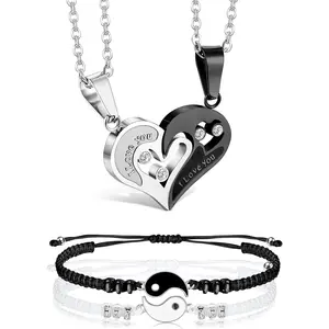 FINREZIO 4 Pcs Black Silvery Heart YinYang Couple Jewelry Set for Women Men Matching Necklaces Bracelets for Couples Best Friends Valentines Gift I Love You Couples Necklaces Jewelry for Him and Her Heart Necklaces Bracelets