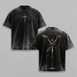 Vintage Black Washed Angel Knight Oversized Tee | Golden Cross Front Dark Wing Guardian Print Back Gothic Streetwear Men’s Loose Fit Graphic T-Shirt Edgy Faith Aesthetic Top，funny graphic tee, men’s trendy t-shirts,