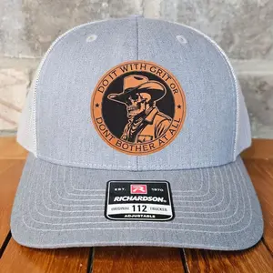 Cowboy Leather Patch Trucker Hat with Skull, Richardson 112, Grit Cowboy Hat, Dad Gift, Husband Gift, Station Gift, Laser Engraved