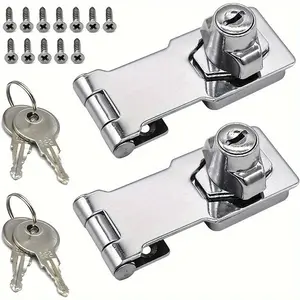 1 Set Heavy-Duty Stainless Steel 2-in-1 Lock with Plate - Keyed Entry for Desk, File Cabinet, Wardrobe | Durable 90-Degree Buckle Lock with Keys Included - Ideal for Home, Office, and Hotel Security