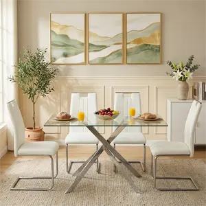 51.18-inch tempered glass dining table, silver metal table legs with adjustable feet, modern kitchen dining table, suitable for living room and dining room, Silver