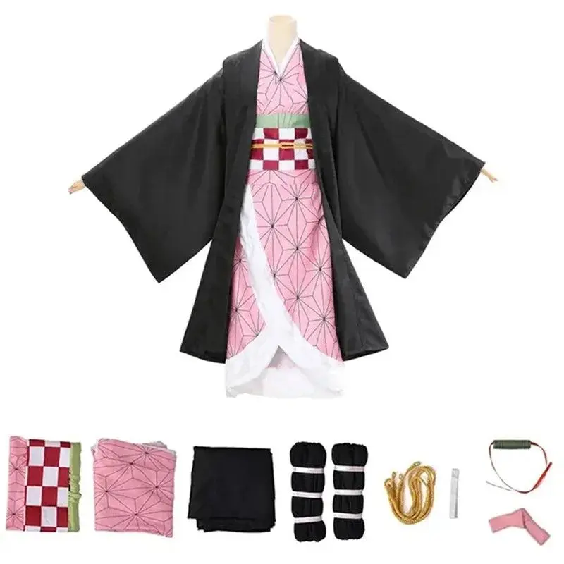Women's Demon Slayer Kamado Nezuko Traditional Cosplay Costume Set - Lightweight Fabric Women's Clothes with Matching Accessories: Pink Geometric Kimono, Obi Belt, Haori, Wig for Anime Conventions