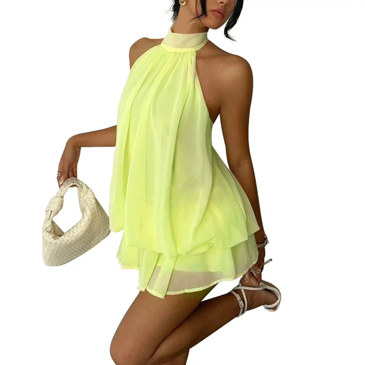 OYS Women's Chiffon Halter Drop Waist Wedding Guest Dresses Summer Backless Ruffle Mini Dress Brunch Outfit With Shorts