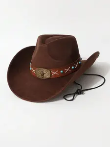 Vintage Western Cowboy Wide Brim Felt Hat, Leather Turquoise Metal Buckle Windproof Rope, Outdoor Horseback Music Festival Party
