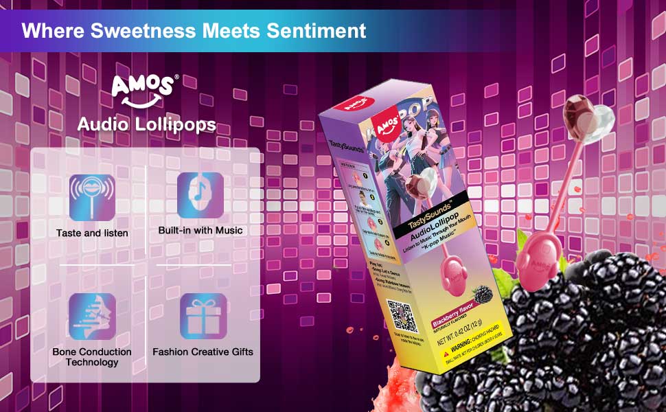 AMOS TastySounds Audio Lollipop Candy Gift – Heart-Shaped Music Lollipop, Sweet Strawberry & Berry Flavors, Cute Tech Candy, Romantic Creative Gift, Individually Wrapped Surprise