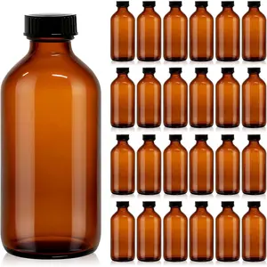 24 Pack 8 oz  Glass Boston Round Bottles with Phenolic Polycone Caps - Airtight, Leak-Proof Bottles for Vanilla Extract, Kombucha Brewing, Essential Oils, and Homemade Solutions