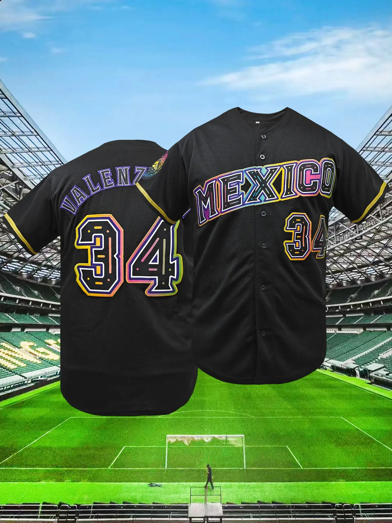 Men's "MEXICO" Colorful Baseball Jersey, Casual Breathable V Neck Short Sleeve Baseball Top for Training & Competition, Fashion Men's Sportswear for All Seasons, Baseball Shirt, Stylish Jersey, Sports Tops, Sports Clothing