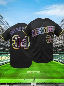 Men's "MEXICO" Colorful Baseball Jersey, Casual Breathable V Neck Short Sleeve Baseball Top for Training & Competition, Fashion Men's Sportswear for All Seasons, Baseball Shirt, Stylish Jersey