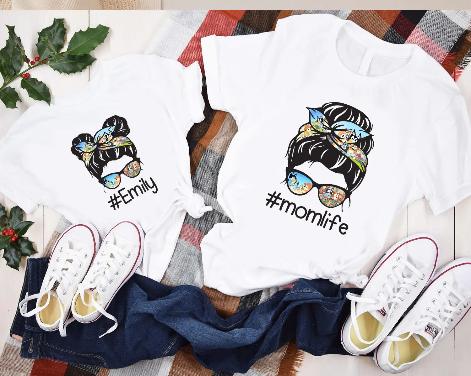 MomLife KidLife Bluey Blue Mommy and Me Family Matching Mother’s Day Mom Life Kid Life T-Shirt Cotton Fabric