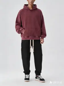 Men's Burgundy Cotton Hoodie & Cropped Sweatpants Set – 2026 Spring New Retro Washed Street Style. Classic street, jazz & punk vibes, high-quality athletic set. Perfect for casual sports, outdoor streetwear, New Year gifts & couple outfits.