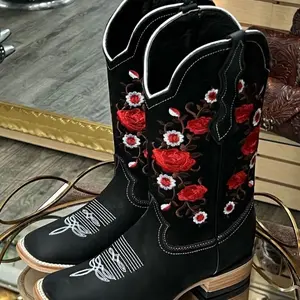 White Diamonds Boots WD-495 Women's Handcrafted Fina Piel de Cuero Gamuza Square Toe Boots with Floral Embroidery Black Color