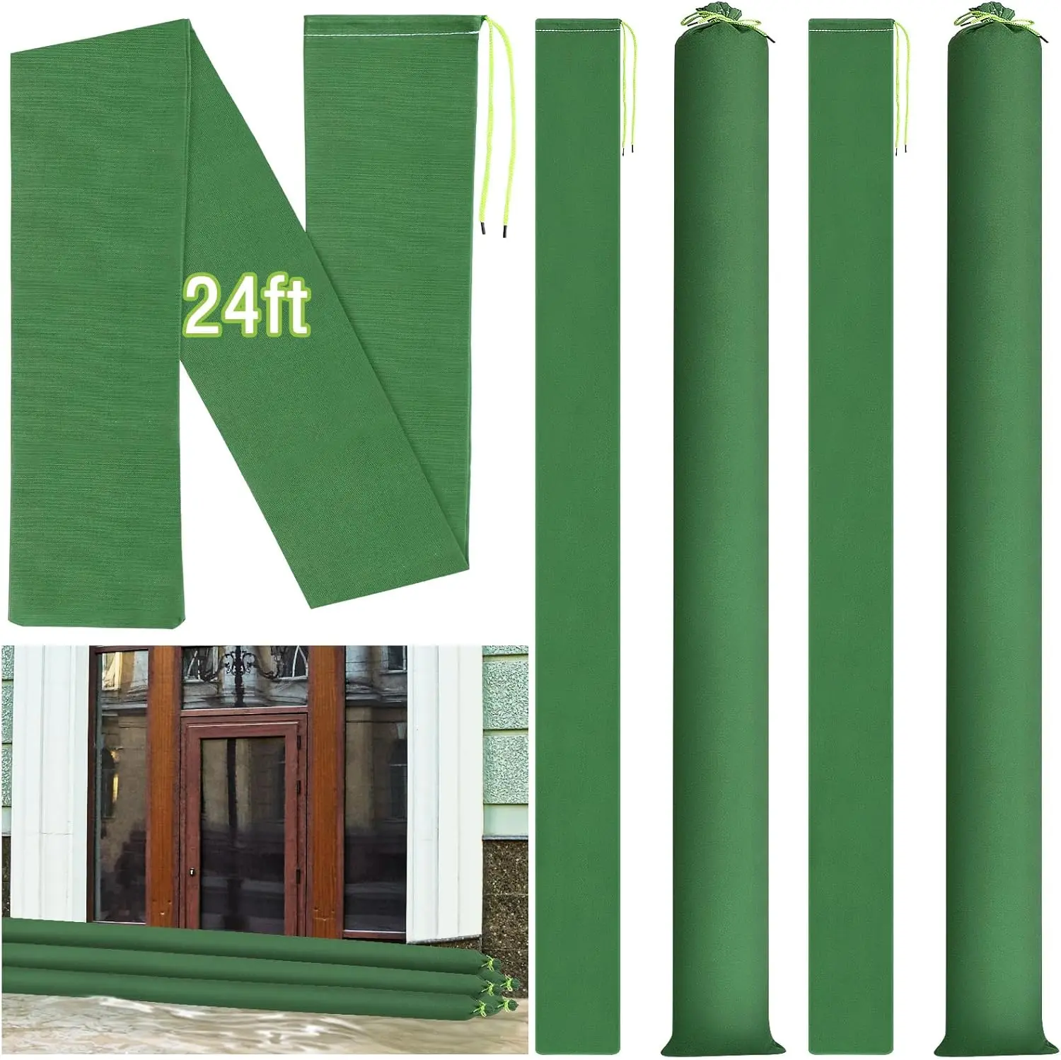 2 count Long Canvas Sandbags Flood Protection Thickened  Sand Tube Bags Rain Wind Flood Barrier with Elastic Band Water Barrier Tube for Door Rain Water Control, Green (24ft)