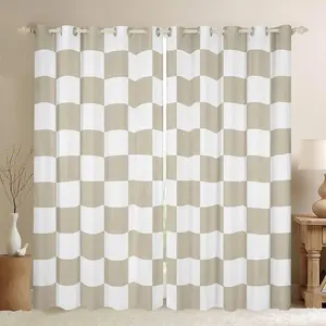 Checkered Window Curtains for Bedroom Teen Beige Plaid Window Drapes Treatments Cute Retro Neutral Checkerboard Geometric Curtains Vintage Aesthetic Room Decor,,2 Panels