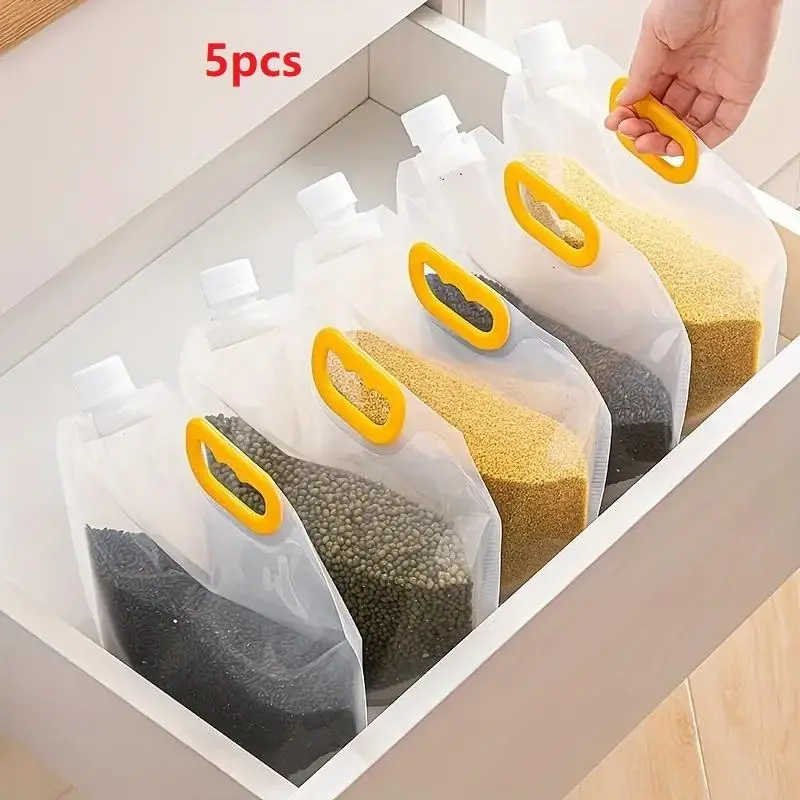 Food Storage Bag with Spout, 5 Counts Sealed Moisture-proof Storage Bag, Stand Up Food Storage Pouch, Household Transparent Clear Plastic Thickened Cereal Storage Bag, Home Kitchen Supplies