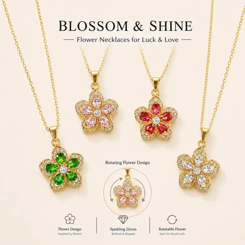 Spinning Necklace for Women Silver Flower Fidget Necklace Rotatable Crystal Blossom Pendant Necklaces Adjustable Spinning Fidget Necklaces Redbud Flower Funny Summer Fashion Jewelry Mother’s Day, Valentine’s Day, gifts for best friends, everyday wear,