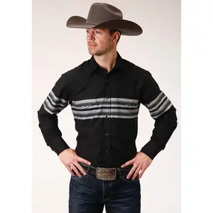 Mens Long Sleeve Snap Black And Grey Border Stripe Western Shirt