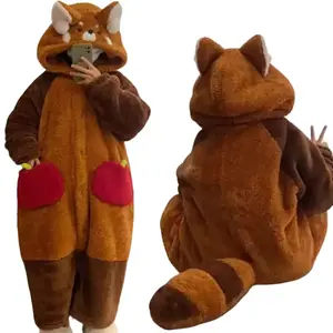 Winter Cute Cartoon Animal Velvet Jumpsuit Pajams Warm Fleece-lined Hooded Nightgown Raccoon Cosplay Ear Tail Sleepwear Clothes Womenswear Puff Sleeve