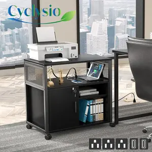 Cyclysio Lateral File Cabinet with Power Outlets, Modern Printer Stand on Wheels, Locking Office Filing Cabinets with Door and Open Storage, Sturdy, Lockable