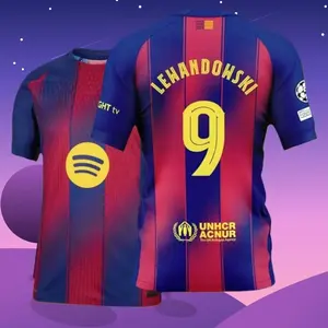 25 26 Home Red And Blue 9# Robert Lewandowski Short Sleeve Soccer Jersey Fans Version Z