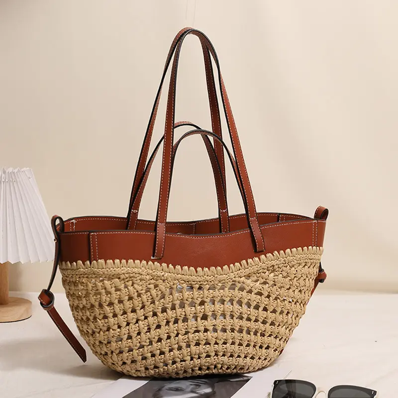Women Straw Woven Tote Bag Trim Top Handle Shoulder Purse Hollow Weave Beach Carry Bag Summer Bag Daily Vacation Casual Handbag Gift For Ladies