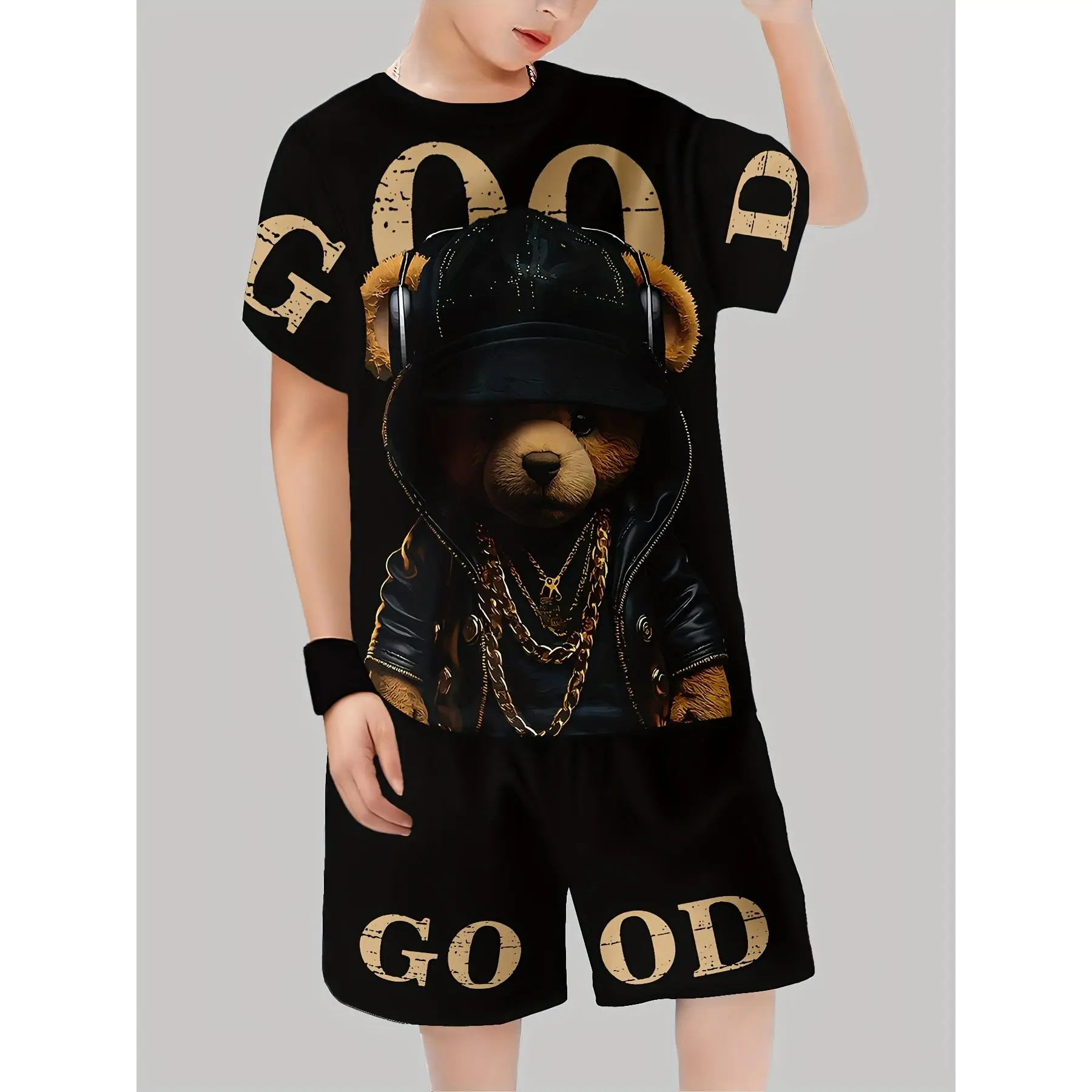 Boys' Set with Cool Bear Pattern, 3D Printed Casual Short Sleeve Shorts T-shirt, Boys Outdoor T-Shirt and Shorts Suit, Very Suitable for Outdoors